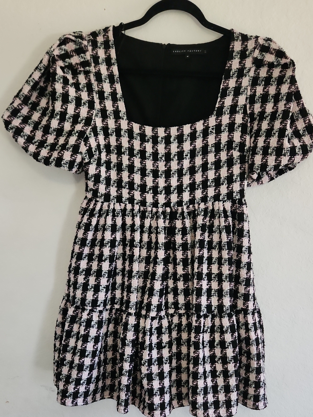 English Factory Parisian Chic Textured Tweed Plaid Babydoll Dress Size M